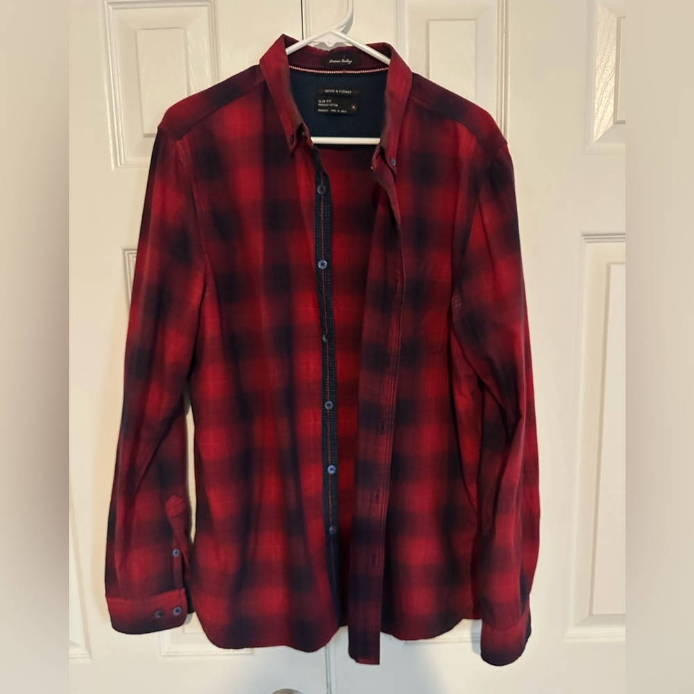 Denim & Flower Red and Navy Plaid Slim Button Down